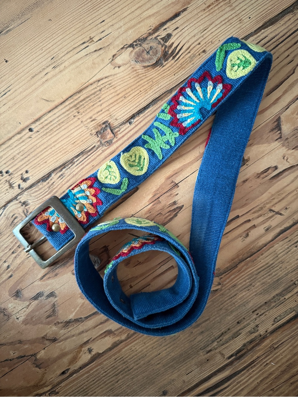Embroidered Blue Canvas Belt with Multicolor Floral Accents